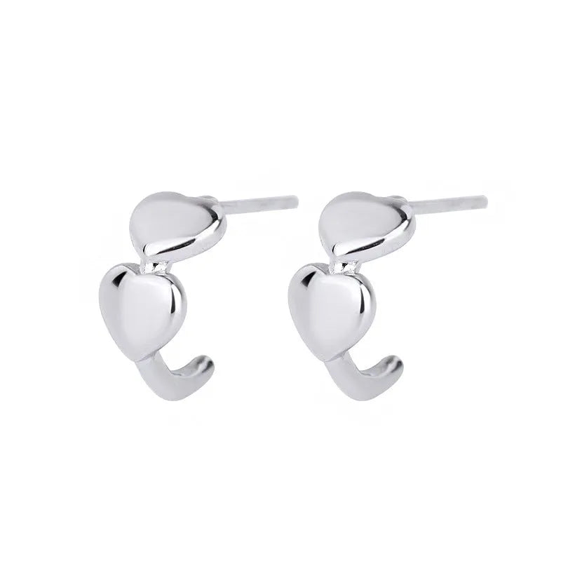 Love heart stud earrings in pure silver, Korean style, available in rose, white, and yellow colours