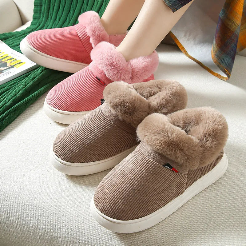 Winter plush corduroy house slippers for men and women warm fleece lined slip on shoes in coffee colour