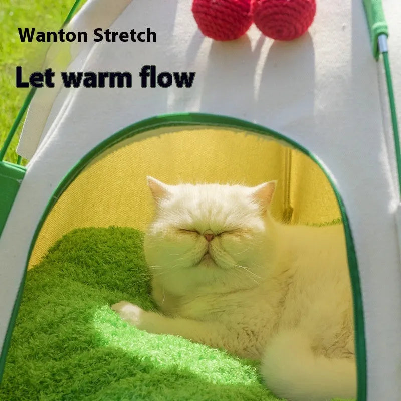 Dome-shaped cloth cat tent with optional thick pad, suitable as indoor pet bed or cage alternative