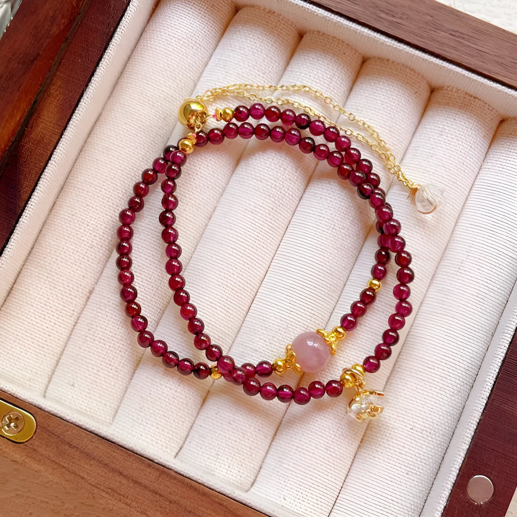 Handmade natural garnet double ring bracelet for women in deep red H311 colour