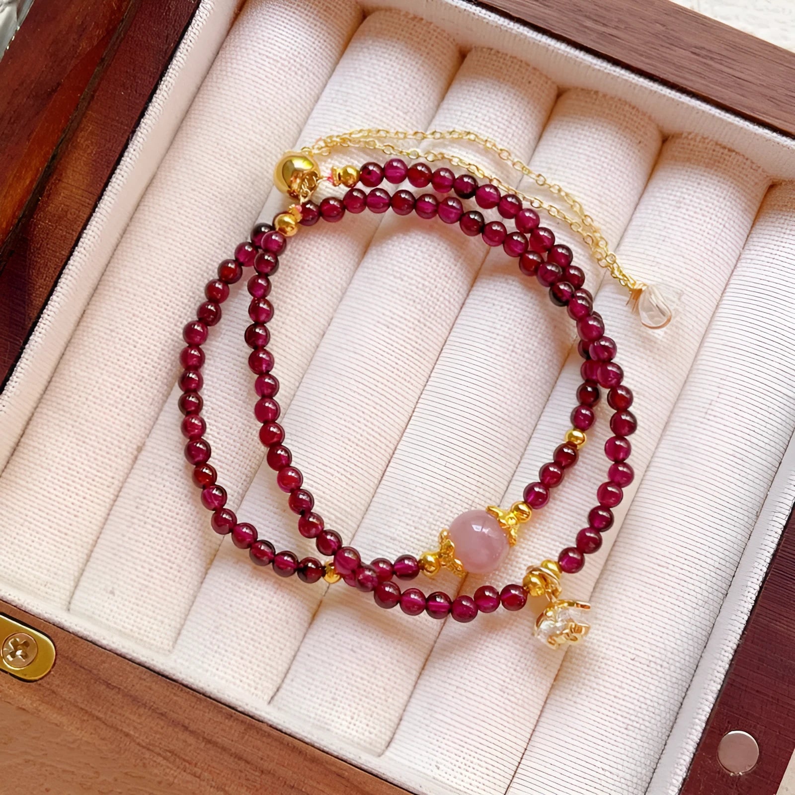 Handmade natural garnet double ring bracelet for women in deep red H311 colour