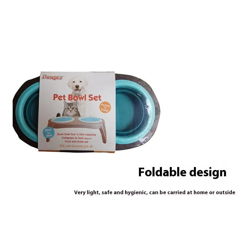Blue folding double bowl dog feeder with separate food and water compartments