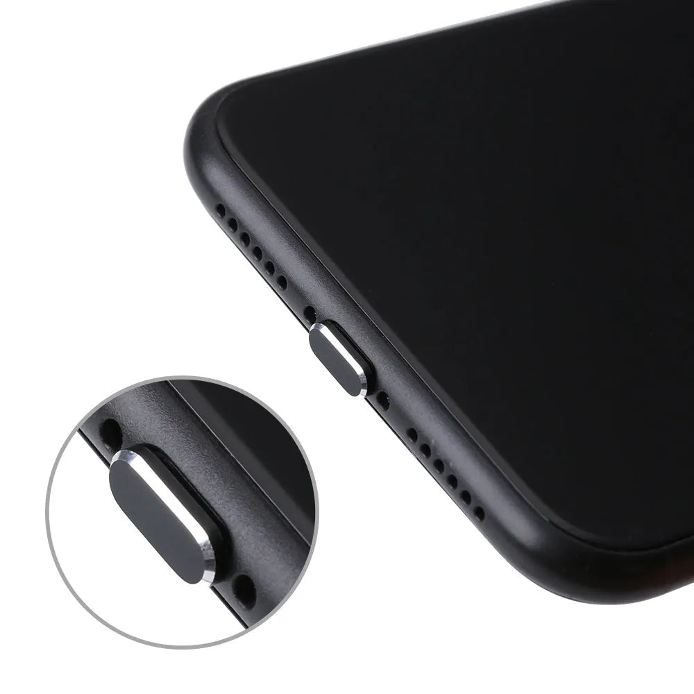 Aluminium alloy charging port dust plug for iPhone in various metallic colours including gold and rose gold.