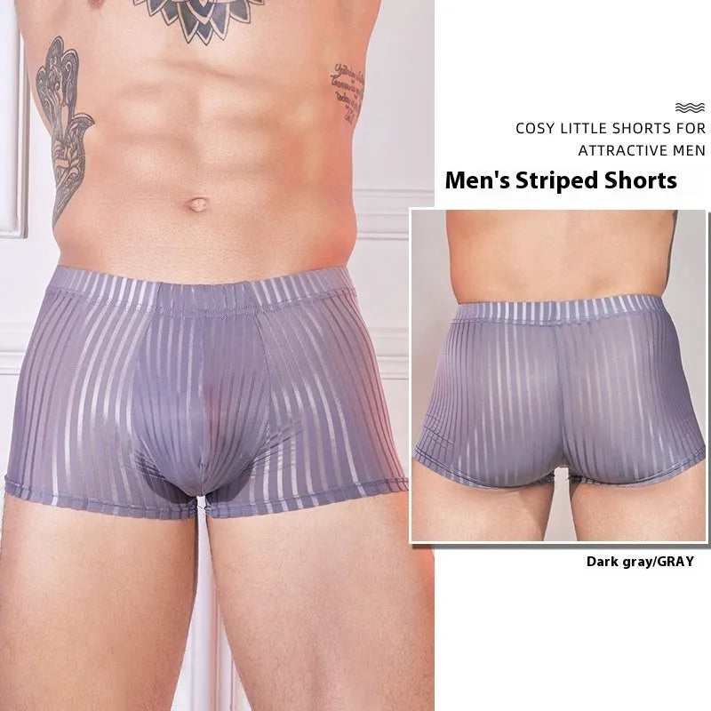 Men's thin black and white striped nylon underwear laid flat.