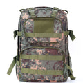 Green camouflage waterproof outdoor rucksack with black straps, shown from a side angle.