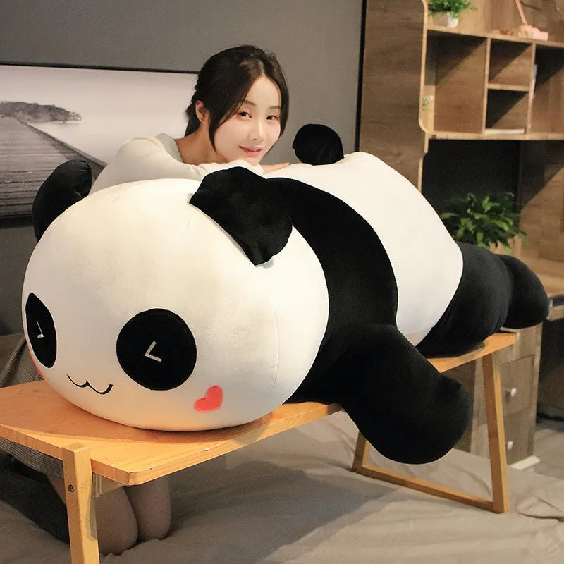 Lying Panda Pillow Large Sleeping Pillow 85cm Stretch Soft Velvet Fabric Down Cotton Fill Triangle-Eye Smile or Round-Eye Laugh Novelty Cushion for Bed Sofa Nap Rest Support