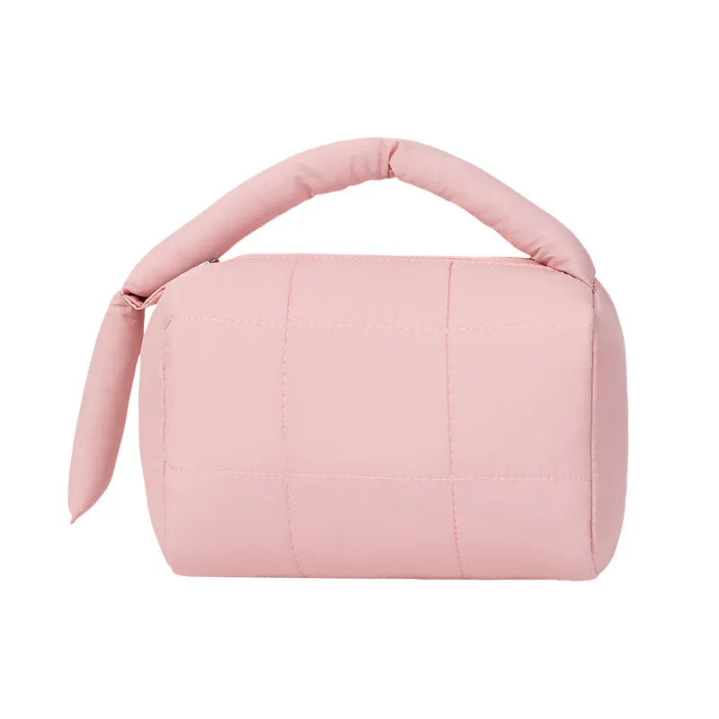 Cylindrical cotton cloth puff cosmetic bag in four colours including Rose Red, Pink, Purple, Green, ins style, no logo