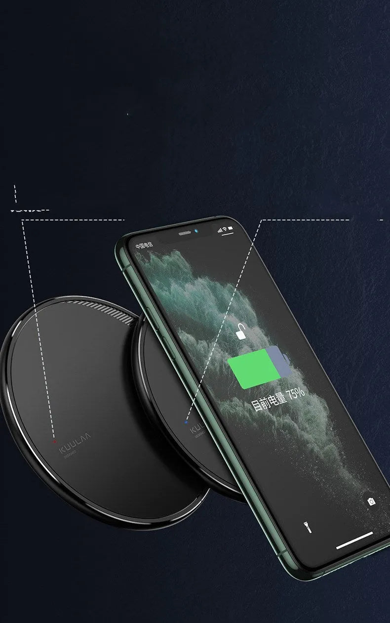 Black circular Kuulaa KL-CD16 wireless disc charger for mobile phones with LED indicator