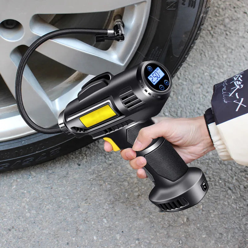 Wireless digital display car tyre pump with USB charging cable and air nozzles