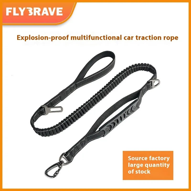 Retractable reflective dog leash with rope-buffered handle in black, orange and khaki colour options