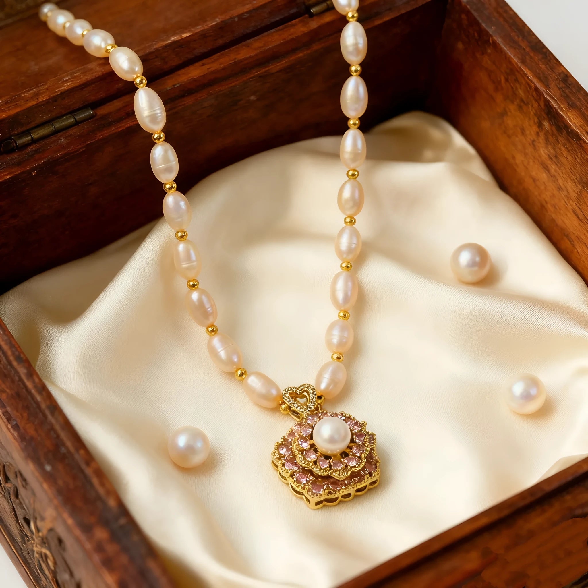 Natural freshwater pearl transfer bead necklace in pink with auspicious pattern and adjustable clasp