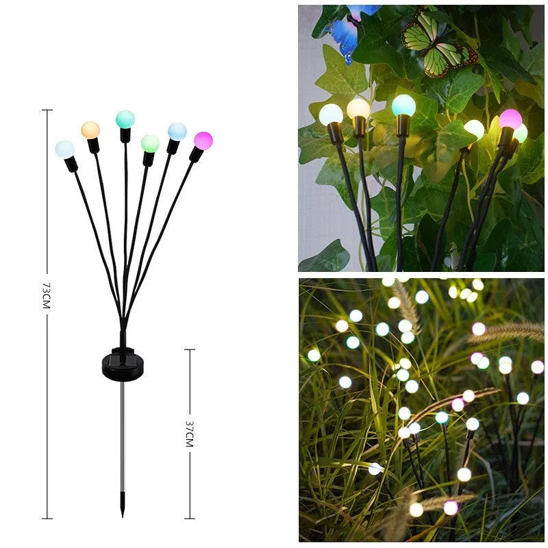 Solar-powered LED garden stake light with automatic sensor, shown pushed into soil beside plants.