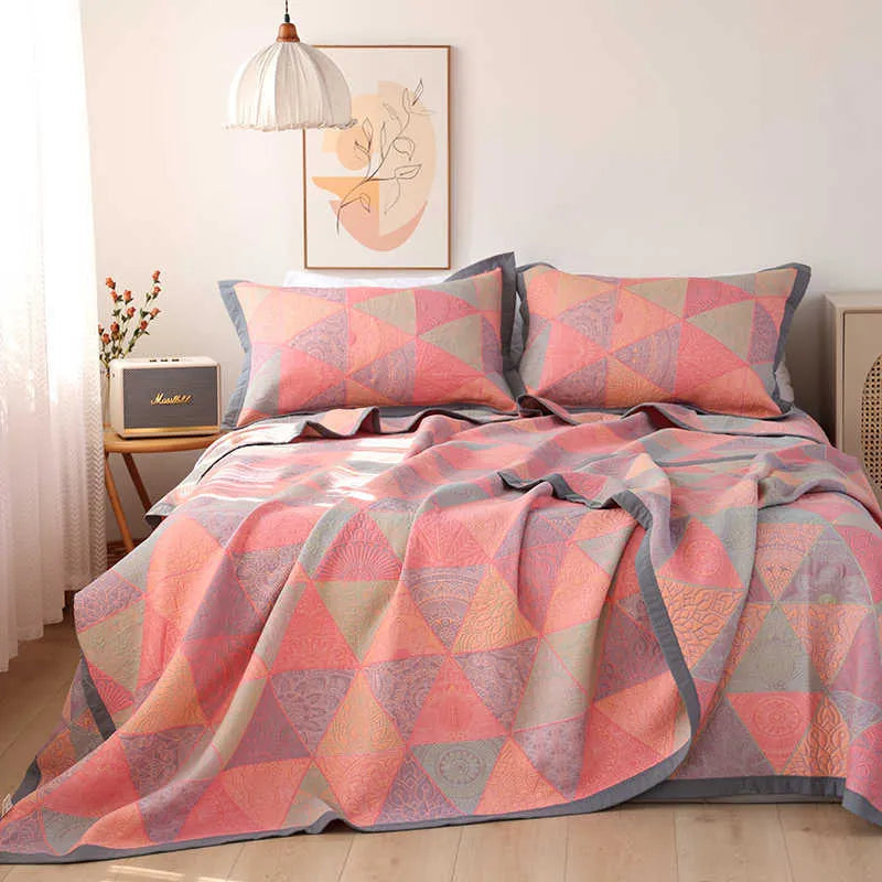 Cotton gauze bed blanket three-piece set with floral pattern and matching pillowcases