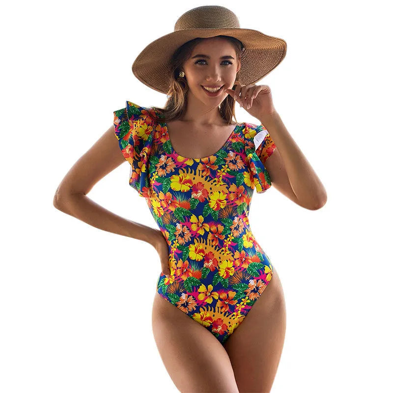 Women's one-piece swimsuit with U-shaped collar and lace design in polyester fabric