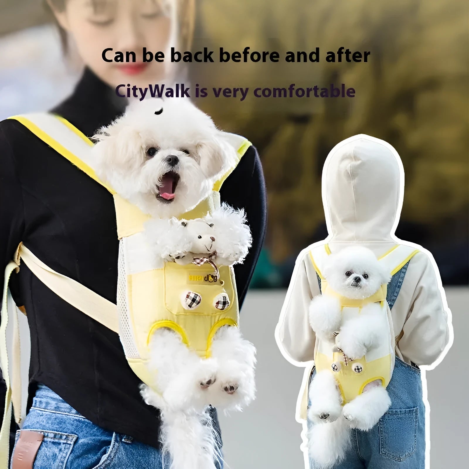 Cartoon animal pattern pet chest bag in soft canvas with decorative ribbon details