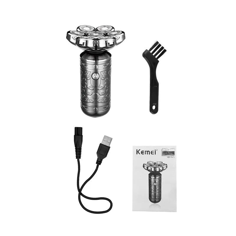 Silver black electric shaver with floating cutter head and USB cable on white background