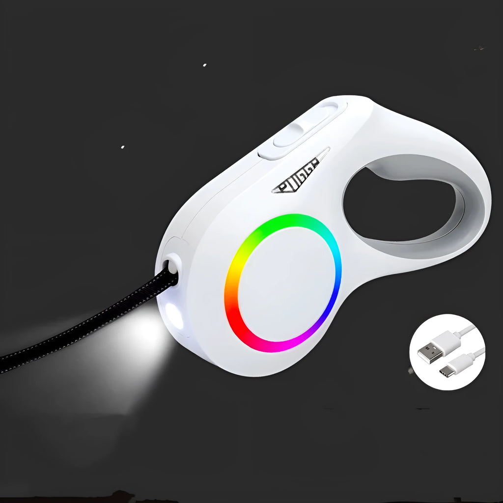 Ivory white automatic telescopic pet lead with lights and Type-C charging cable