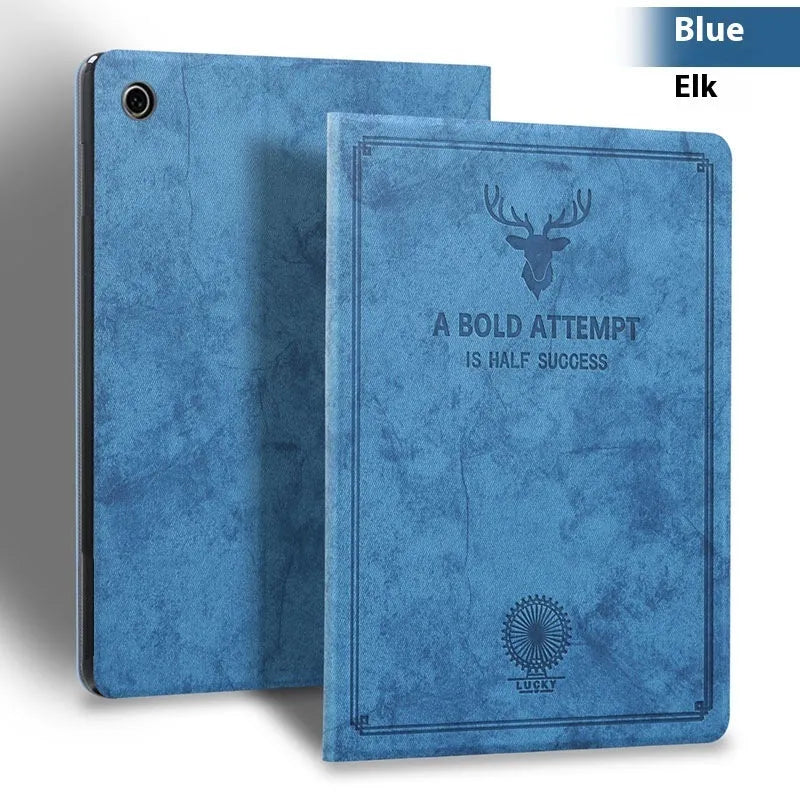 TPU leather clamshell iPad protective case shown in dark blue elk colour.