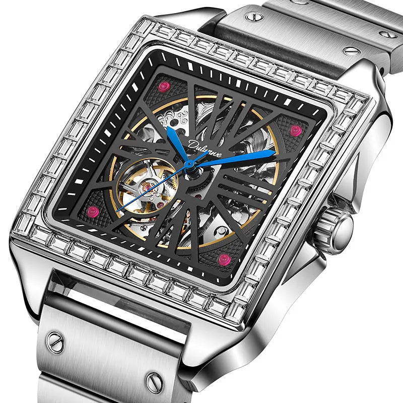 Men's square automatic watch with diamond-studded case on a black leather strap.