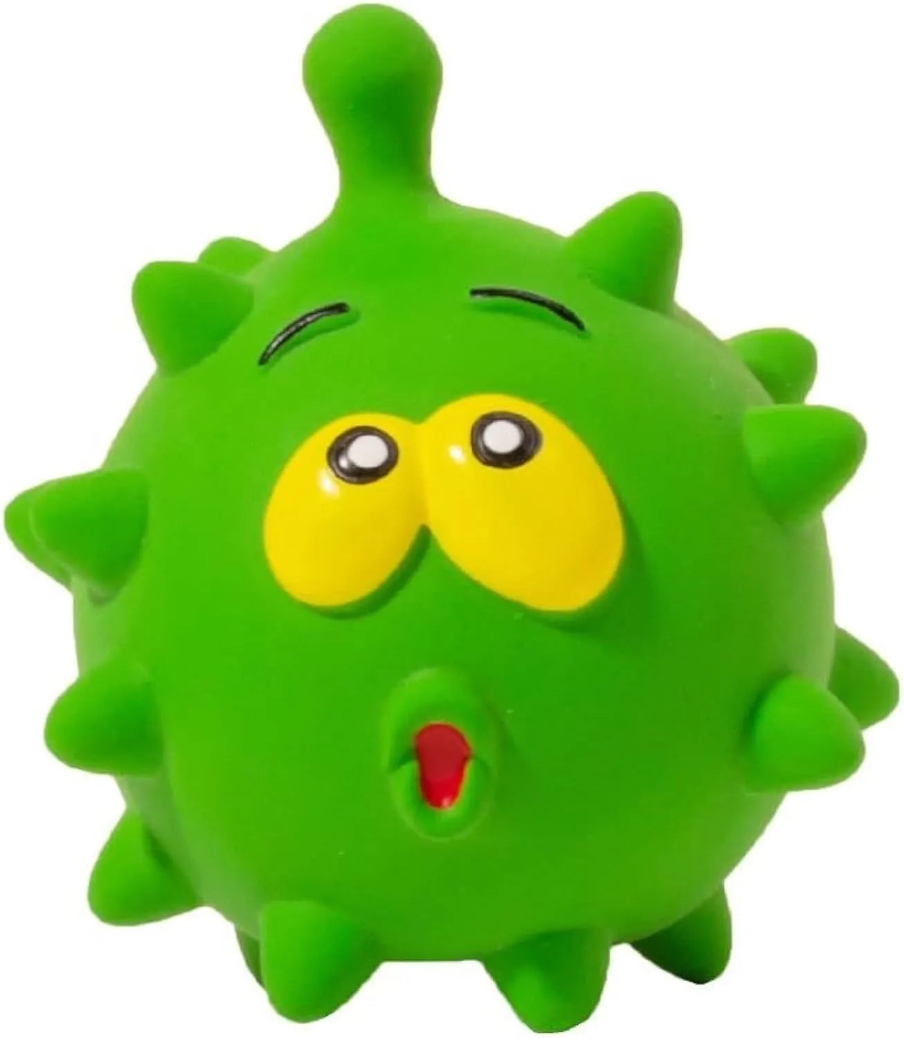Set of four colourful squeaky dog balls with cute faces on a natural latex rubber texture.
