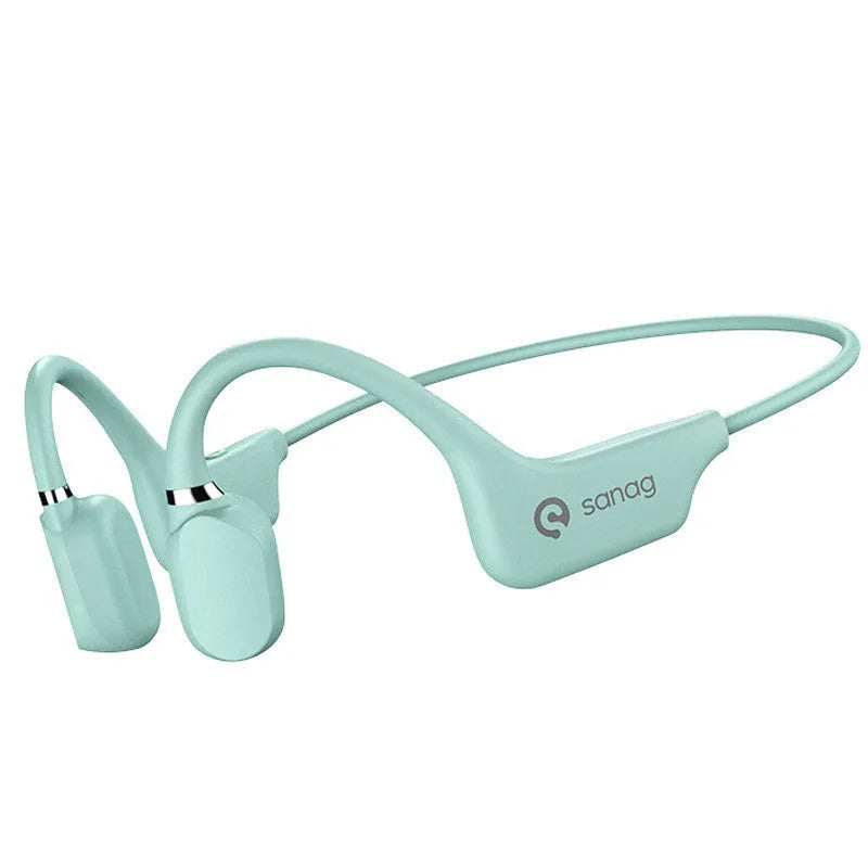 Bone conduction Bluetooth headset worn around the neck in retro green colour for sports running.