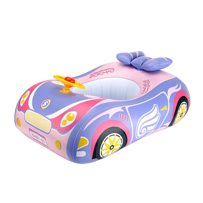 Pink inflatable children's swimming ring with a steering wheel and cartoon sports car boats pattern.