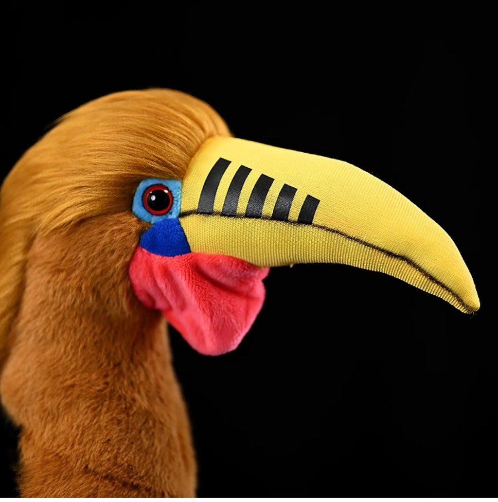 Soft brown necked hornbill plush toy standing 30cm tall on a white background