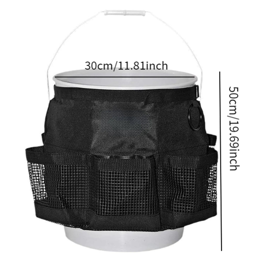 Black cylindrical polyester hanging storage bag designed for a US 5 gallon barrel.