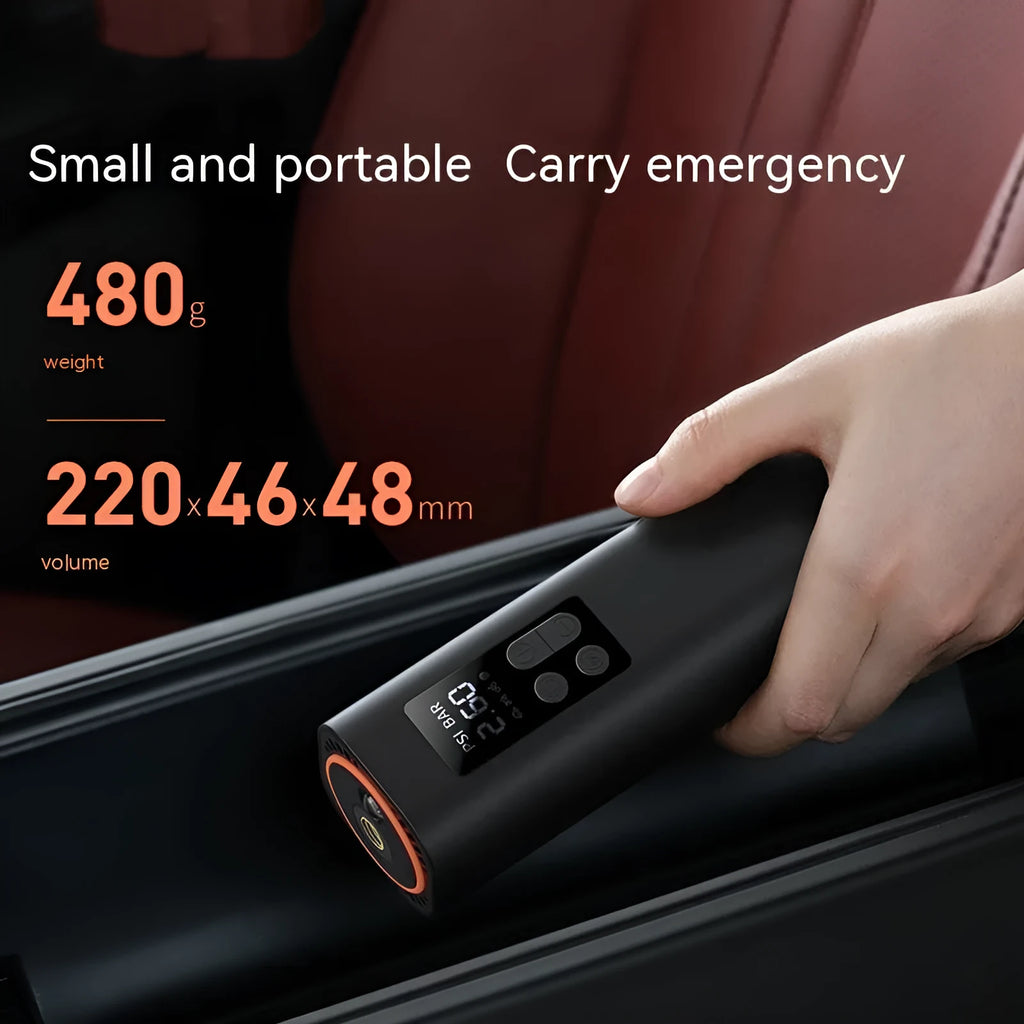 Black Super Mini digital car tyre inflator with LED display showing pressure readings