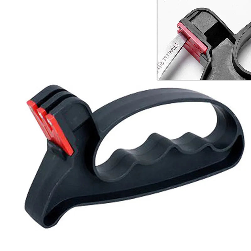 Black handheld knife and scissor sharpener with ergonomic handle on a plain background.
