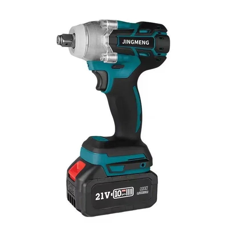 21V brushless electric impact wrench power tool with battery and 12.4mm chuck.