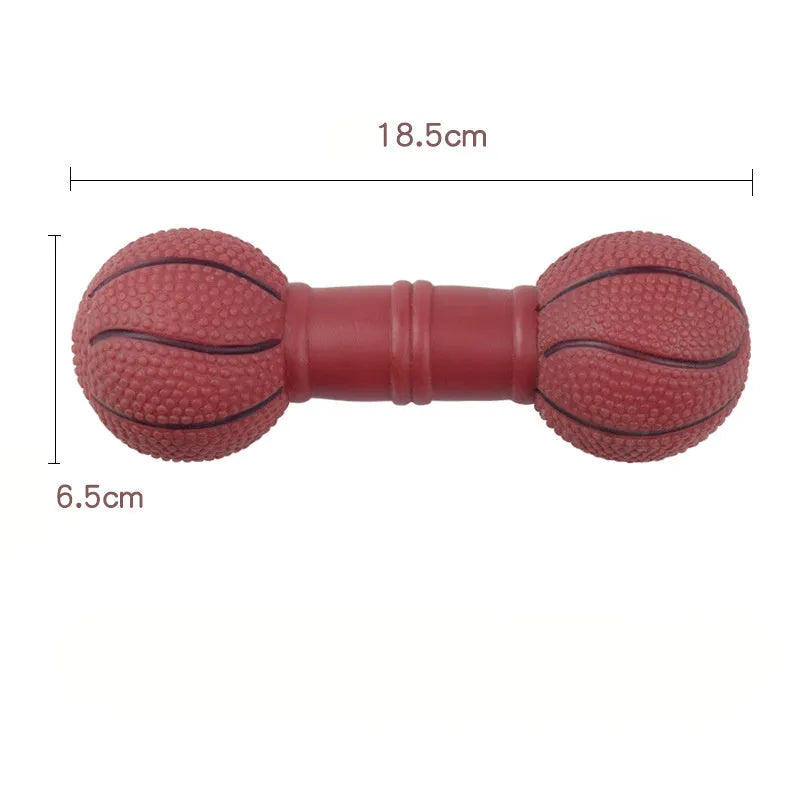 Football dumbbell shaped dog squeaky chew toy in multiple colours