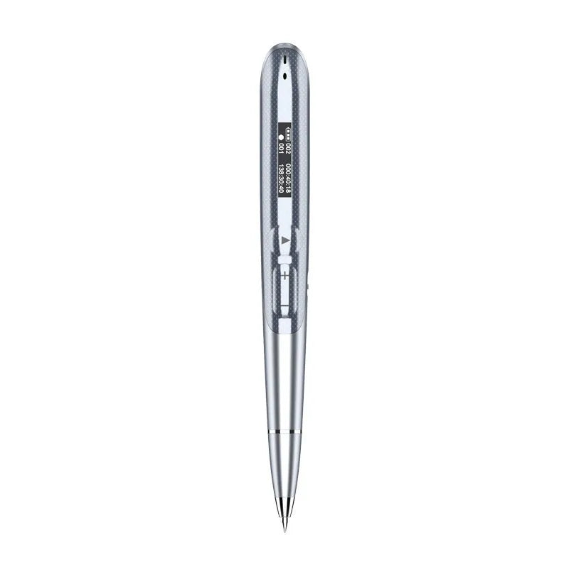 Black digital recording pen with OLED display screen and zinc alloy casing next to included headphones and data cable.
