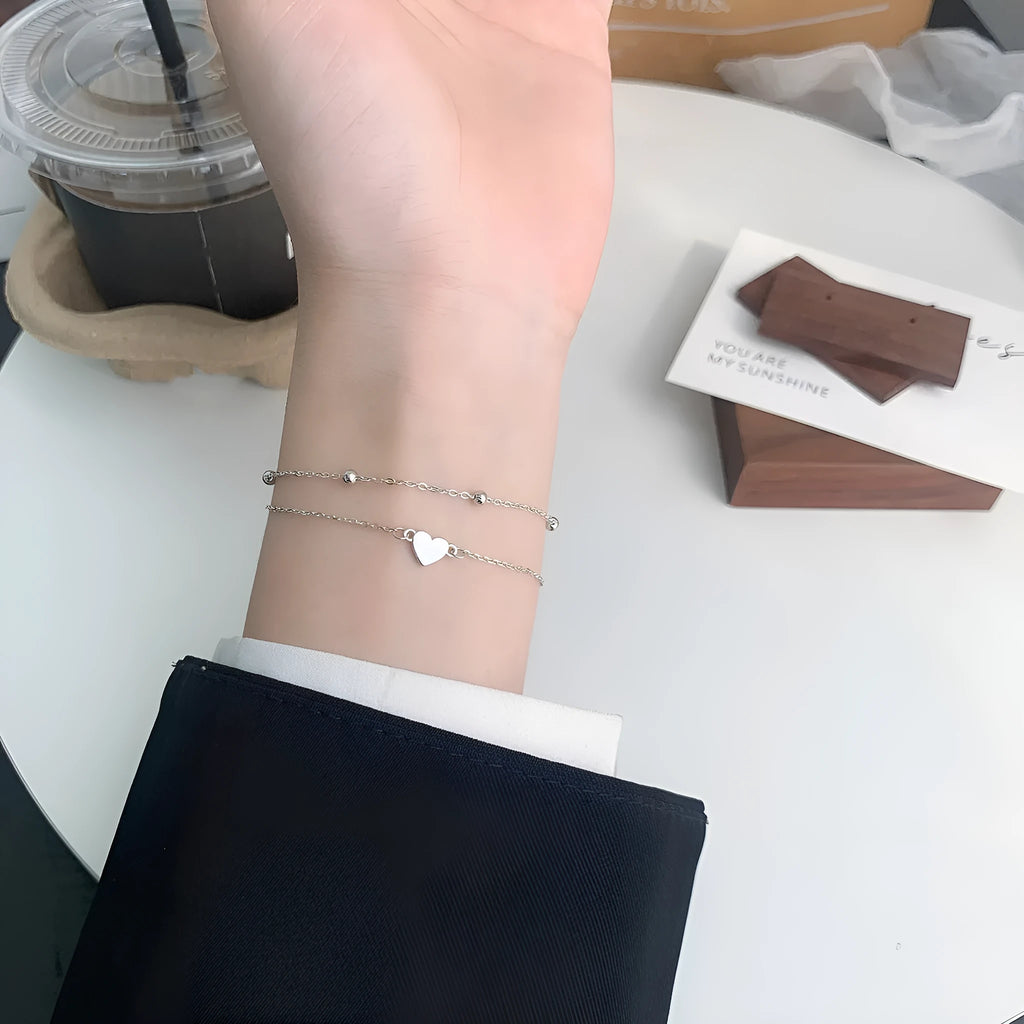 S925 sterling silver heart double-layer bracelet for women simple style electroplated finish
