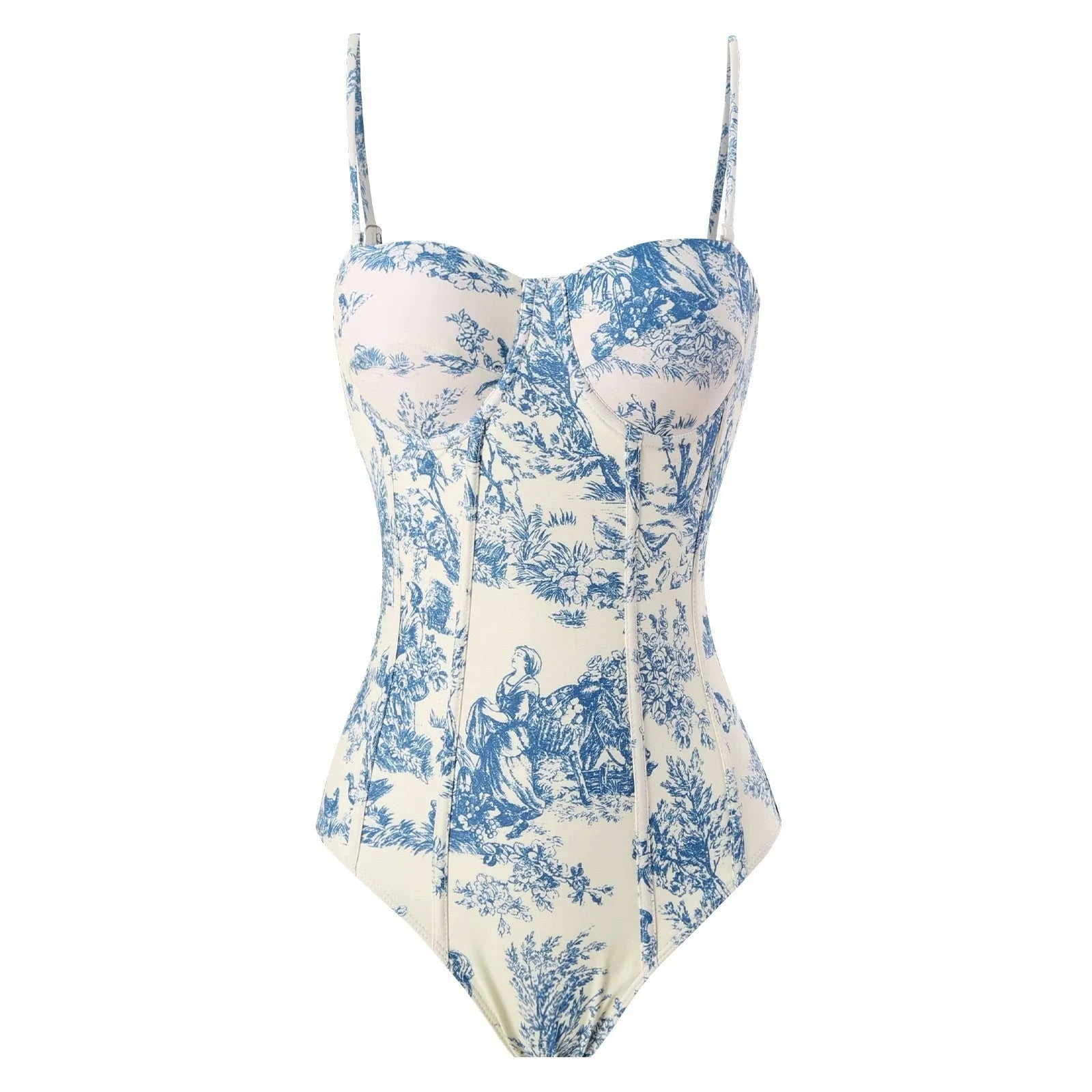Blue women's one-piece swimsuit with a matching separate gauze skirt on a hanger.