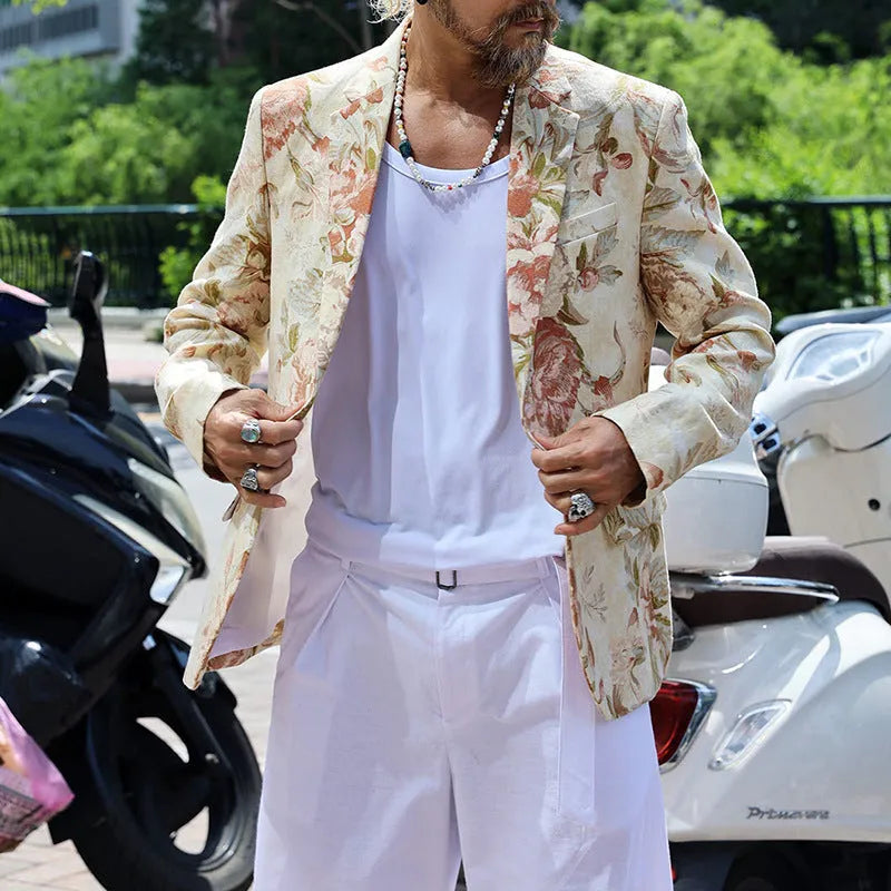 Men's casual white printed long sleeve polyester top on a hanger