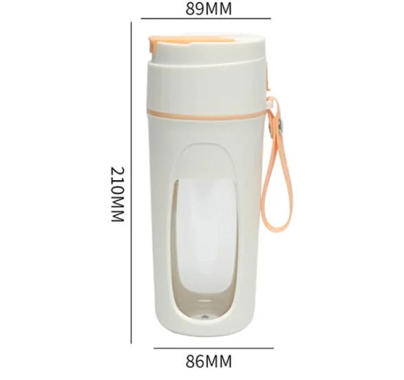 Portable USB electric blender with borosilicate glass cup in fresh orange, grass green, and light purple colours.