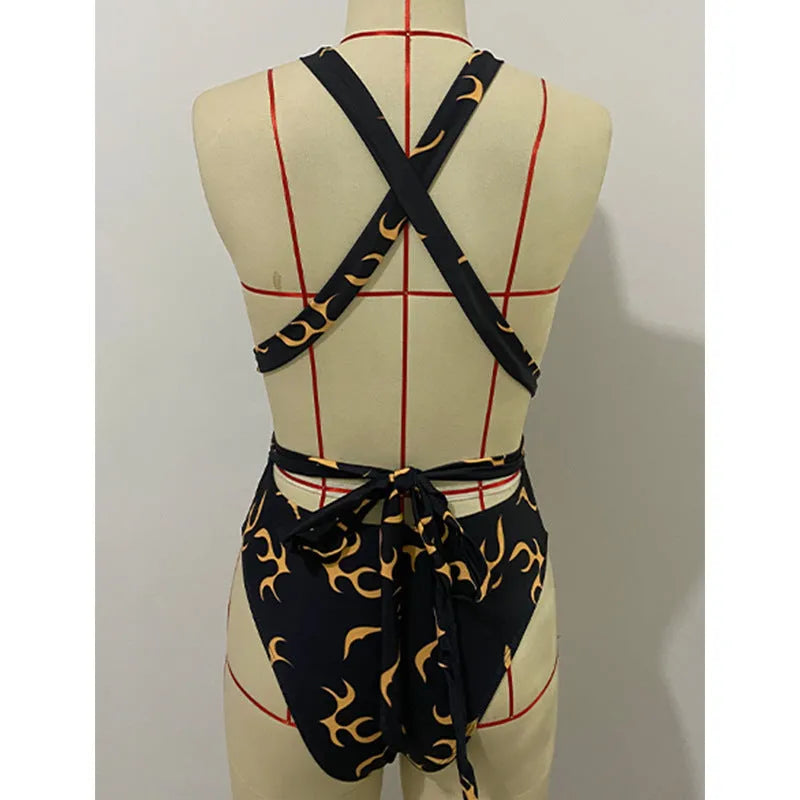 Ladies flame stripe bikini swimsuit two-piece set in flame pattern on a model