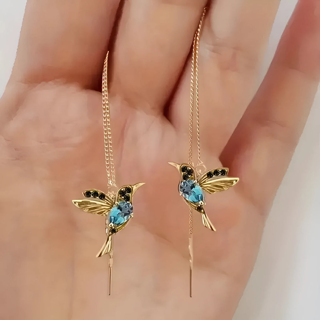 Women's long style bird hanging earrings with mixed zirconium wings in red, blue, and red lvzuan colours