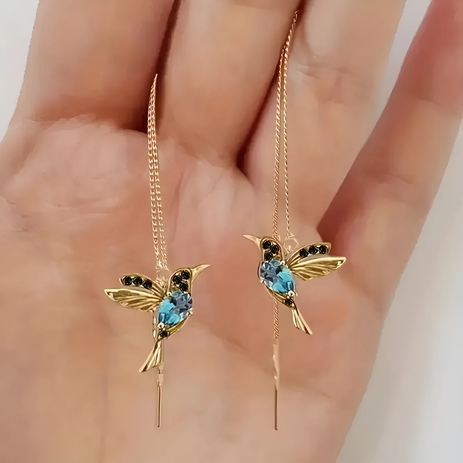 Women's long style bird hanging earrings with mixed zirconium wings in red, blue, and red lvzuan colours