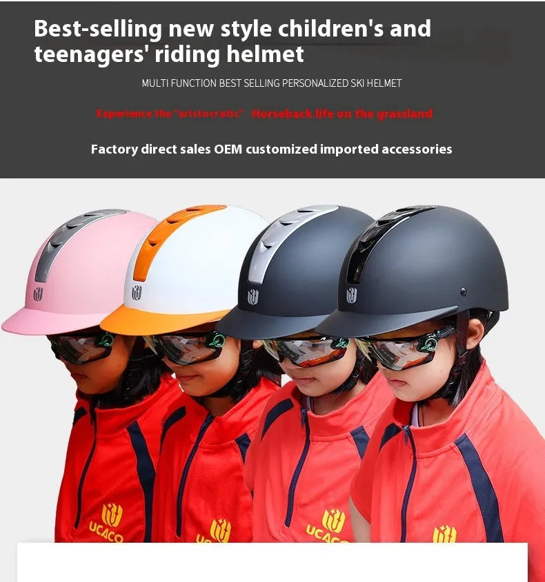 Lightweight ABS EPS equestrian helmet in bright black colour showing sizing options for horse riding