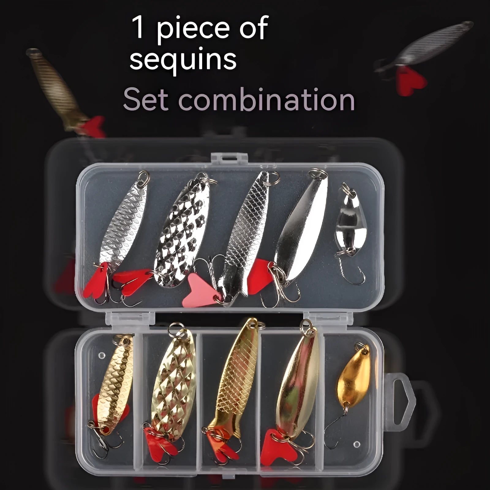 Pineapple and box shaped fishing lures with metal sequins for light reflection