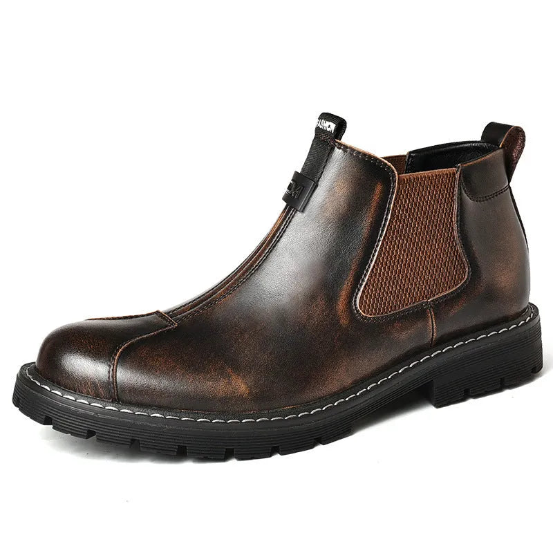 Men's retro British platform business casual shoes black artificial PU upper round toe low heel height increasing waterproof boots