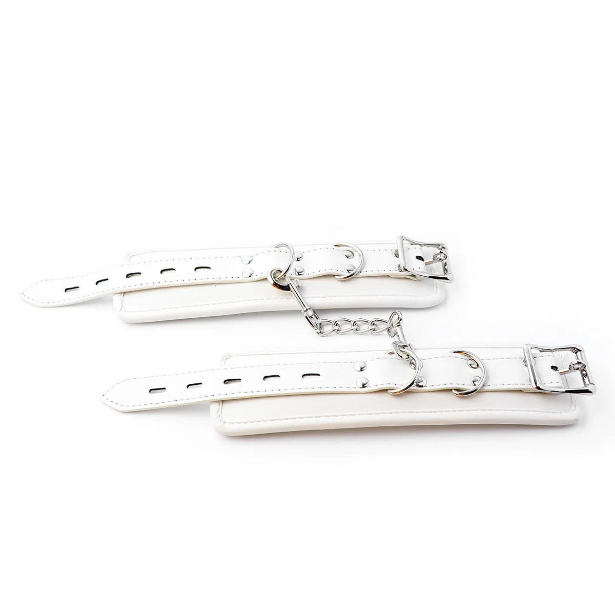 White PU sponge bondage set showing handcuffs, foot cuffs, and a neck scarf for adult play.