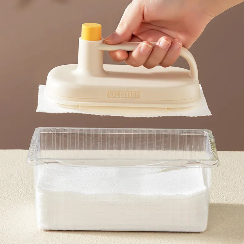 Disposable Magic Cleaning Brush with plastic handle and a pack of 50 white non-woven replacement rags.