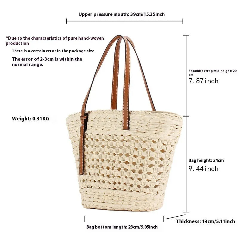 Horizontal square shoulder bag woven from paper-string with adjustable strap in beige colour