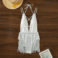 White one-piece swimsuit with deep V neckline and tassel detail on model