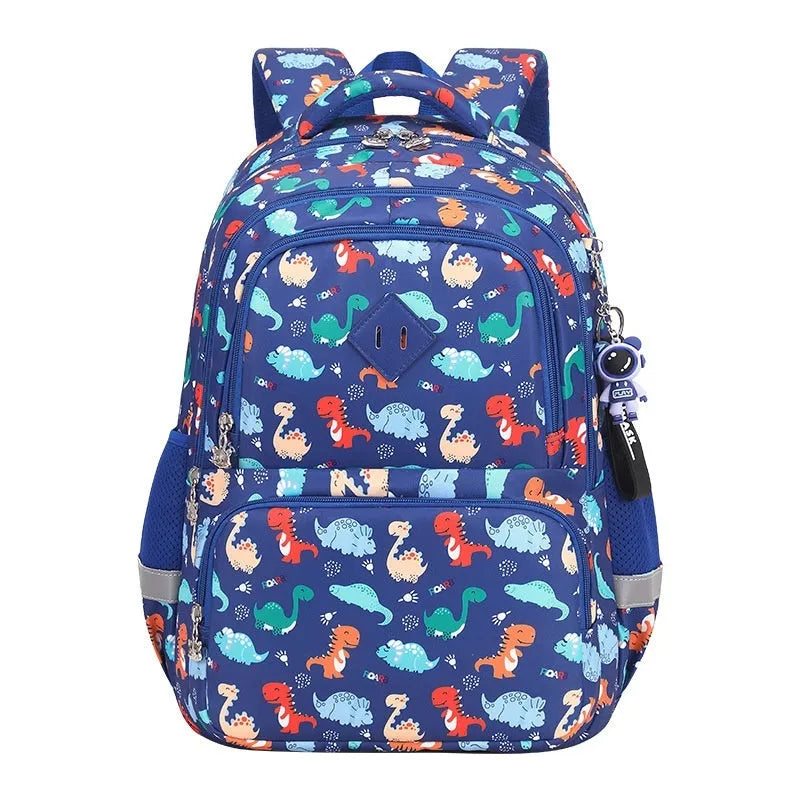 Children's waterproof school backpack with dinosaur pattern and curved shoulder straps
