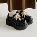 Matte black women's retro lace-up shoes with a thick rubber sole and a 6-8cm heel.