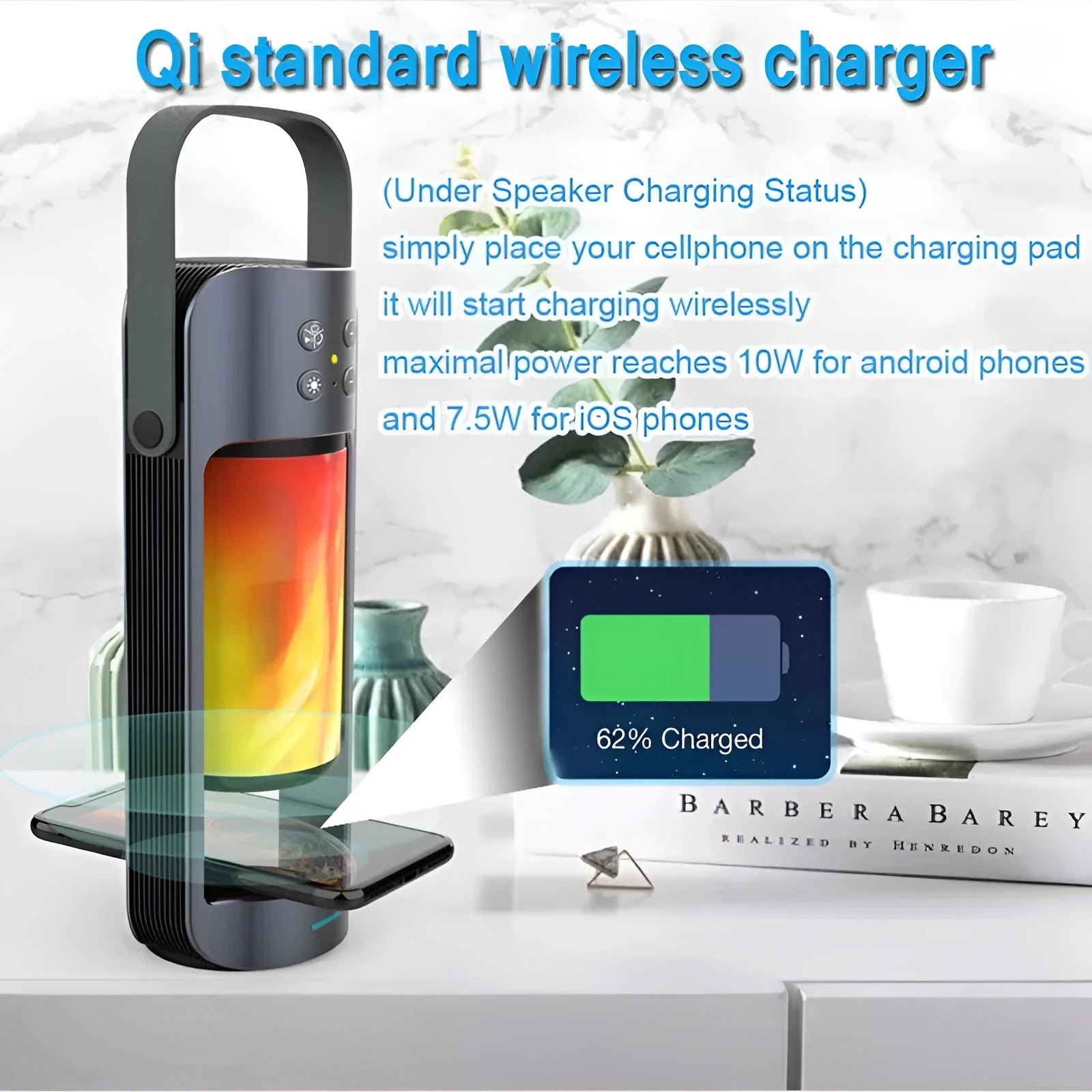 Blue portable Bluetooth speaker with dancing flame LED light showing wireless charging surface